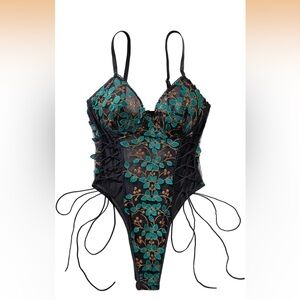 Black and Teal Floral Lace Bodysuit